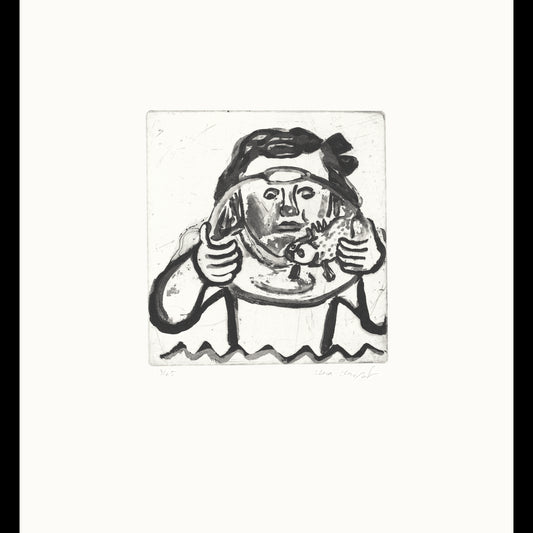 Flicka med fisk, mörkt hår, rosett