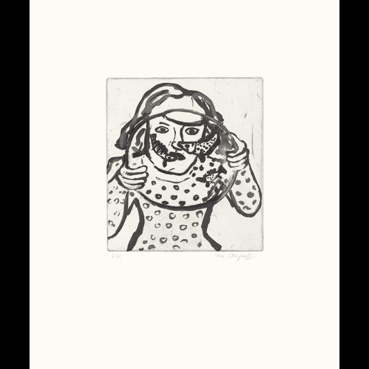 Flicka med prickig klänning och tre fiskar