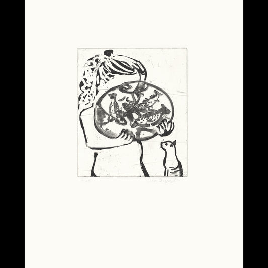 Flicka med tre fiskar och katt